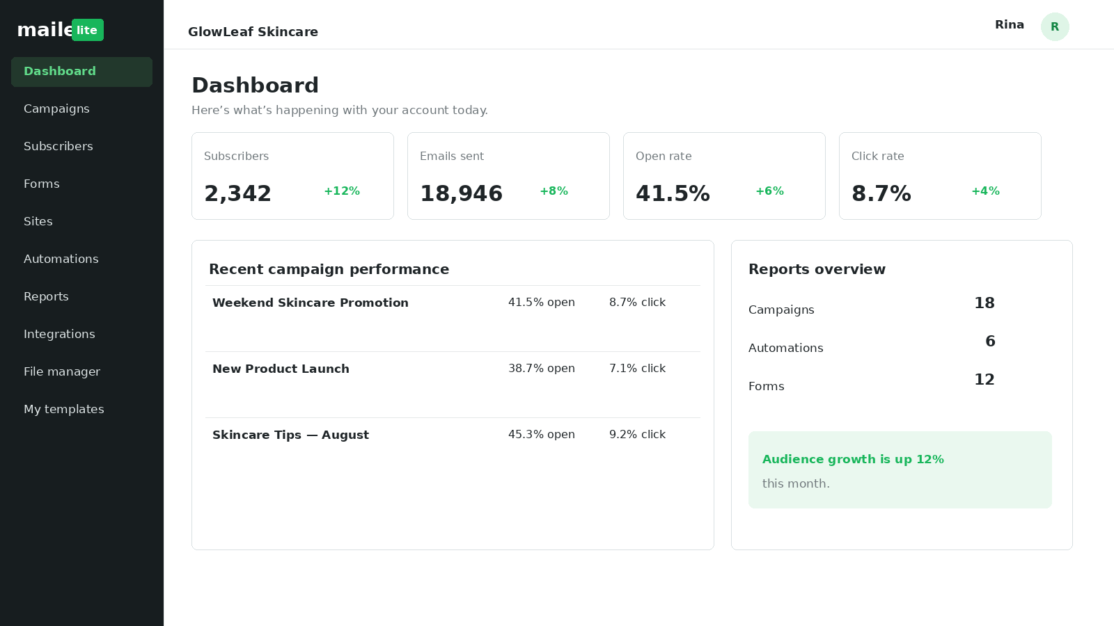 MailerLite dashboard showing subscriber growth, emails sent, open rate, click rate and recent campaign performance.